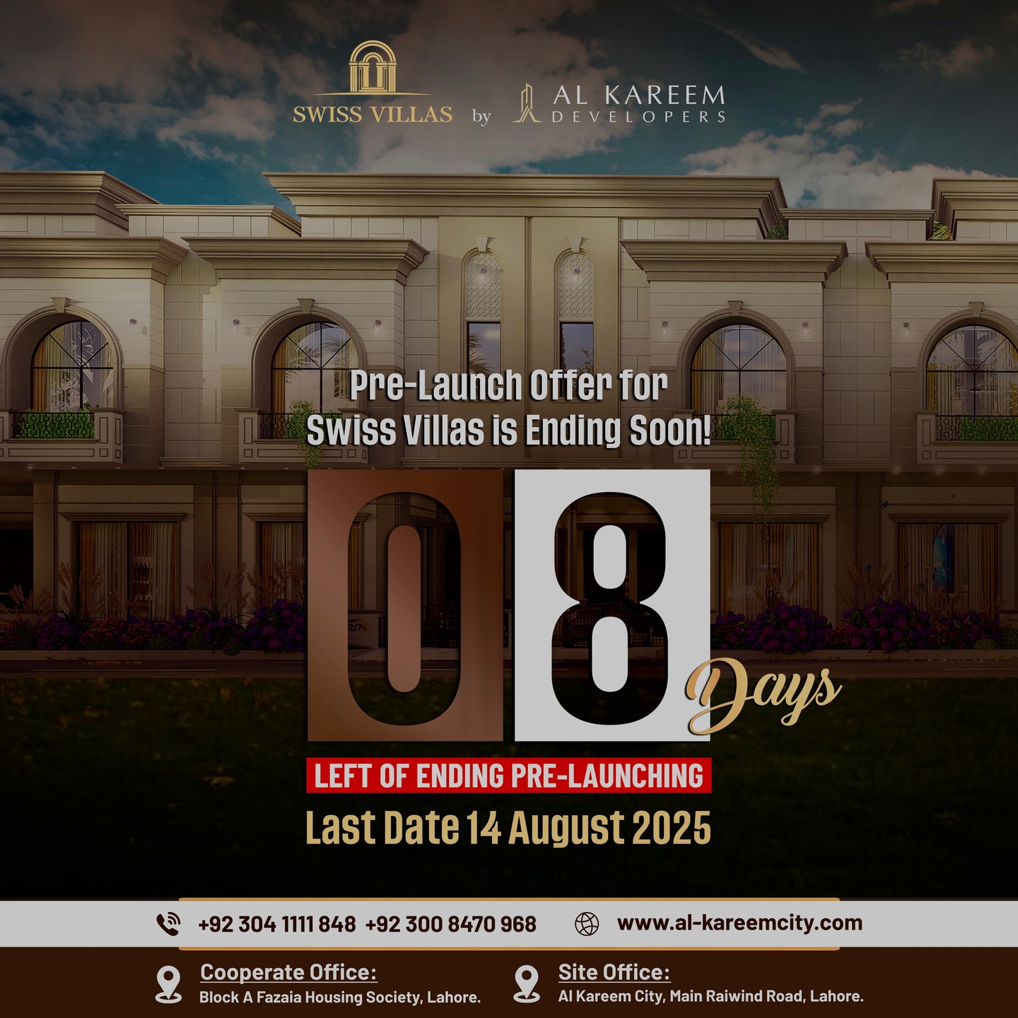 ๐ฅLast Call๐ฅ Pre-Launch Booking ๐ฏLast Date 14-August-2025๐ฏ
Only 10 Units are available for Pre-Launch Booking. Just 8 days remaining. Don't miss this opportunity &
Book your Swiss Villa
๐Al-Kareem City, Lahore Presents - 3 Marla Swiss Villas๐ก
๐ฐ 3-Year Easy Installment Plan
โ๏ธ Affordable Monthly Installment only 40,000.
โ๏ธ Flexible Booking Options
โ๏ธ Limited Units Available
Brand new, beautifully constructed 3 Marla house located in the well-planned and rapidly developing Al-Kareem City, Lahore. A perfect option for families looking for affordable and quality living within city limits.
๐ Location: Al-Kareem City, Main Raiwind Road, Lahore. 5 Minute Drive from Adda Plot.
๐ Size: 3 Marla Swiss Villa align with Cancer Care Hospital.
๐ฐ Payment Plan: 3 years Payment Plan with 8 Lac DownPayment and Possession in 24 Months
๐ Status: Ready for possession โ registry and transfer available
Key Features:
โ
3 spacious bedrooms
โ
Attached modern bathrooms
โ
Stylish kitchen with fittings
โ
Drawing room & lounge area
โ
Car porch
โ
Marble or tile flooring
โ
Electricity, water, and gas connections
โ
Solid construction with quality material
Community & Amenities:
๐ฅ Gated and secure community ๐๐จ
๐ฅ Wide carpeted 30 feet roads ๐ฃ
๐ฅ Parks, mosques & commercial markets nearby ๐๐๐ช๐ข
๐ฅ Schools and health facilities in close proximity ๐ซ๐ฅ
๐ฅ Premium Ready-Made Villas โจ
๐ฅ 3 Marla | 3 Bedrooms | Modern Design ๐
๐ฅ High-Quality Construction ๐ ๏ธ
๐ฅ Easy access to Raiwind Road, Ring Road & Adda Plot ๐
๐ก Live the Swiss Lifestyle in Al Kareem City Swiss Villas Lahore!
๐ Contact Now:
๐ Call/WhatsApp Now: +92 304 1111 848
๐: https://al-kareemcity.com/
โก๏ธ Click โBook Nowโ to reserve your Swiss Villa today!
#AlKareemCity #LDAApproved #ThankYou #RealEstate #investmentopportunitiesforall
#swiss_villas